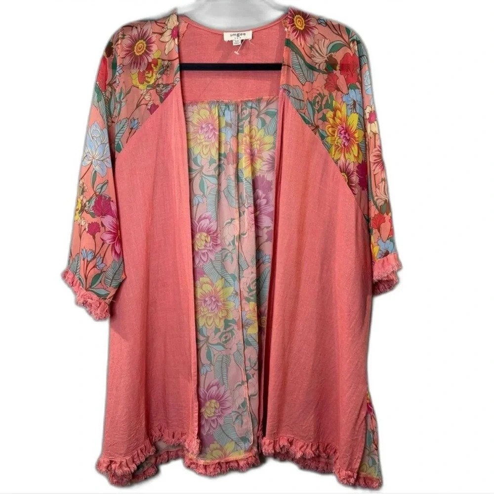 Umgee Coral Floral Kimono Duster Fringe Trim Boho Cardigan Size Small / Medium - Picture 1 of 13